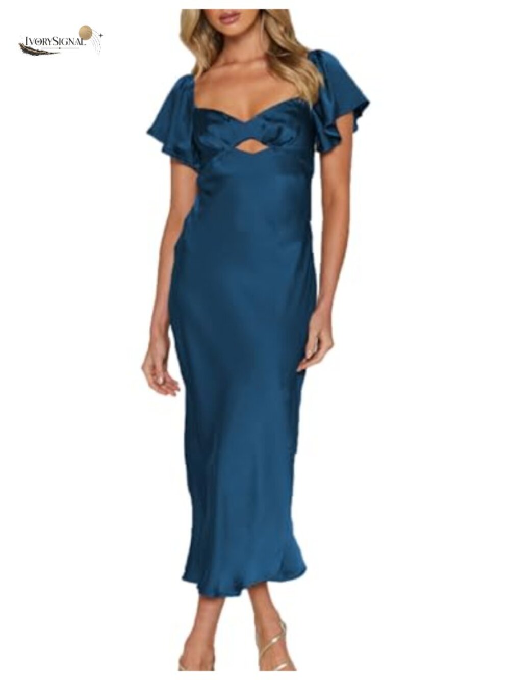 Women's Satin Midi Dress Flutter Sleeve Backless Wedding Guest